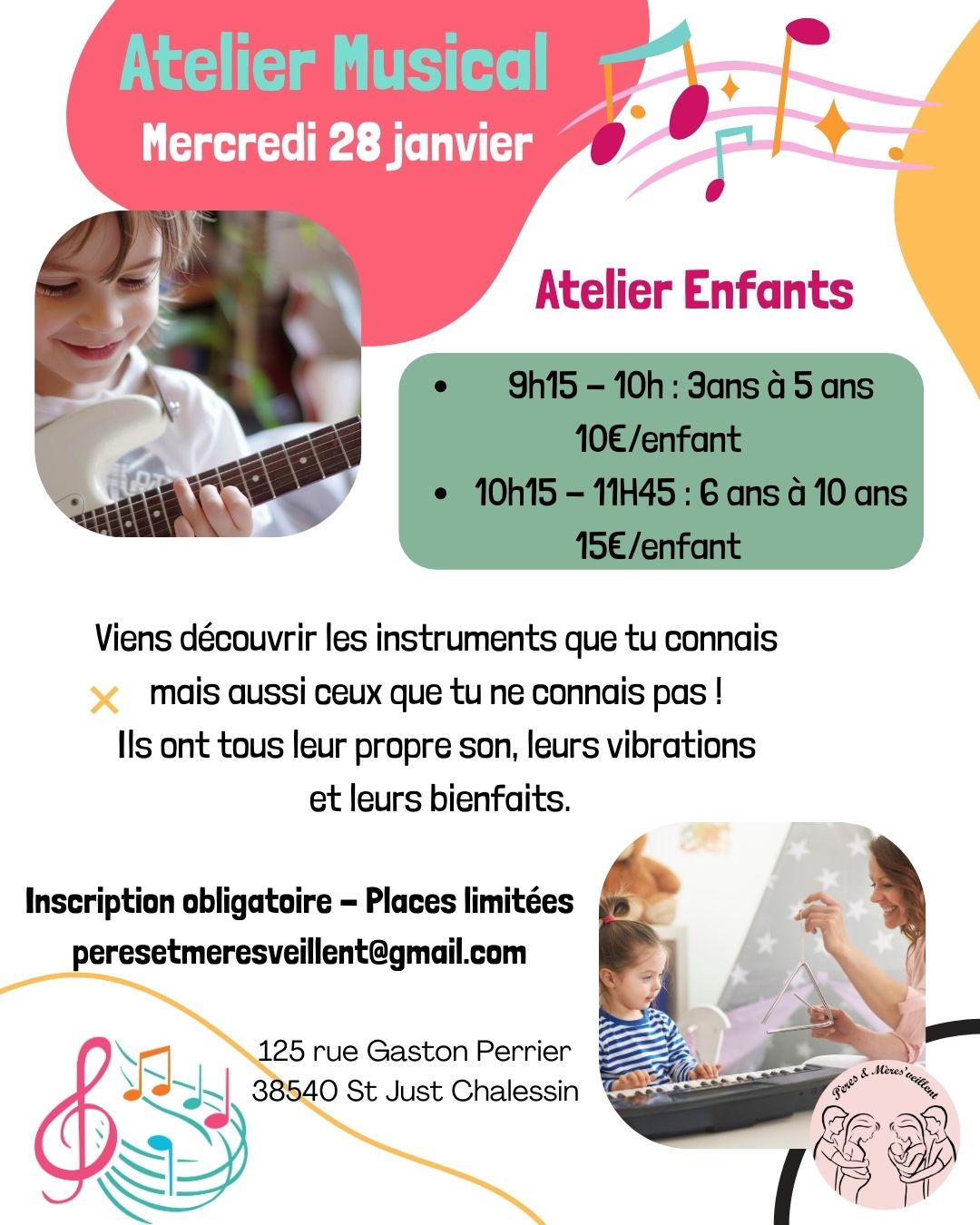 Atelier musical pour enfants au sein du tiers-lieu « Pères et Mères’Veillent » à St Just Chaleyssin (38) le 28 Janvier