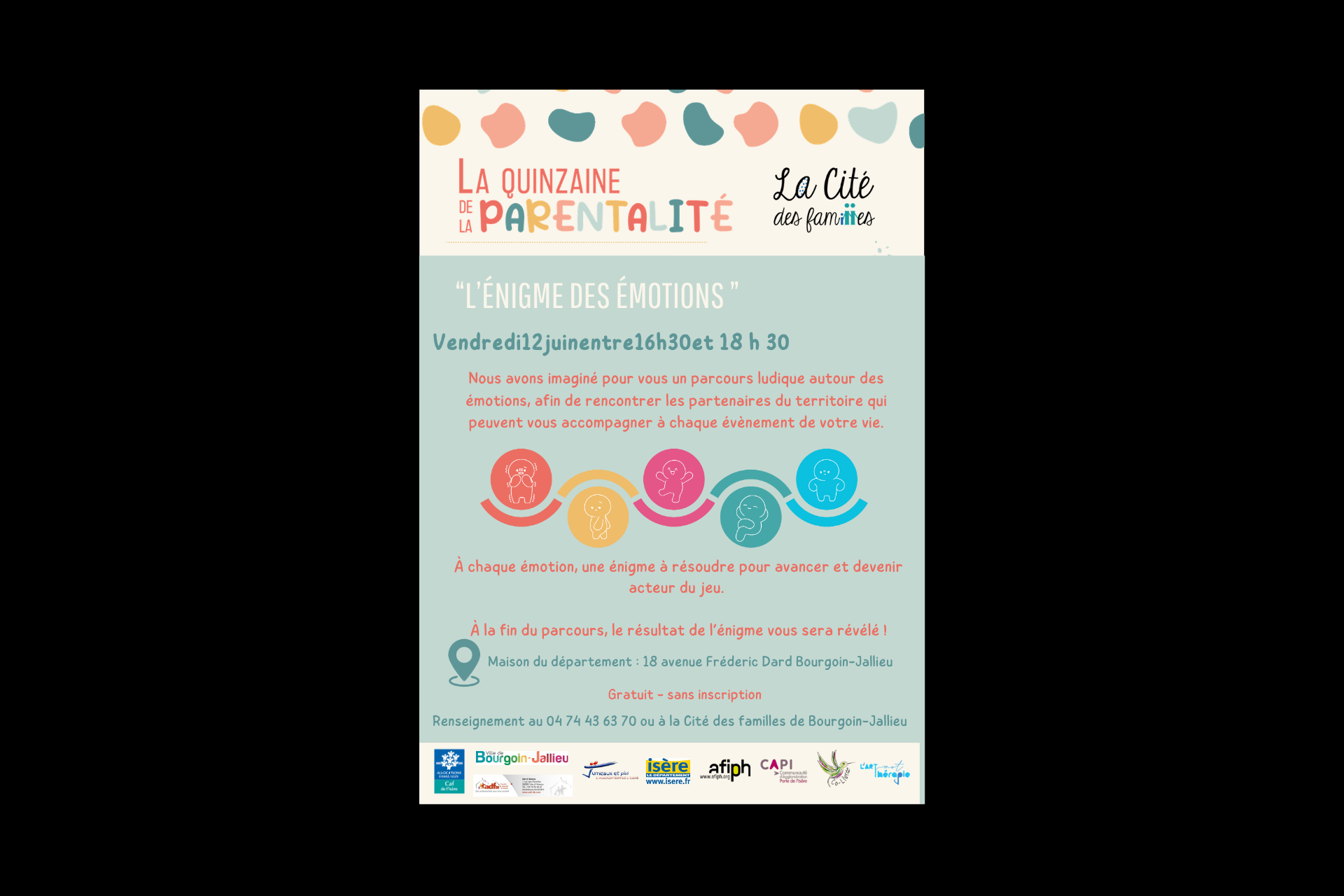 Animation Quinzaine de la Parentalité de la CAF « L&rsquo;énigme des émotions » le 12 juin à Bourgoin Jallieu (38)
